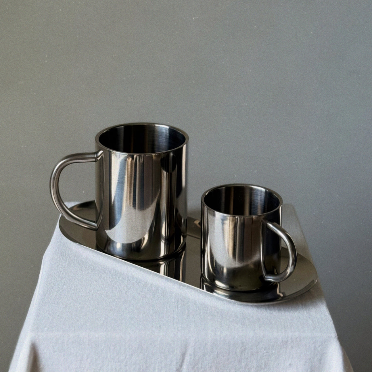 SIMON & SIMONA : STAINLESS STEEL COFFEE SET FOR TWO WITH SERVING TRAY