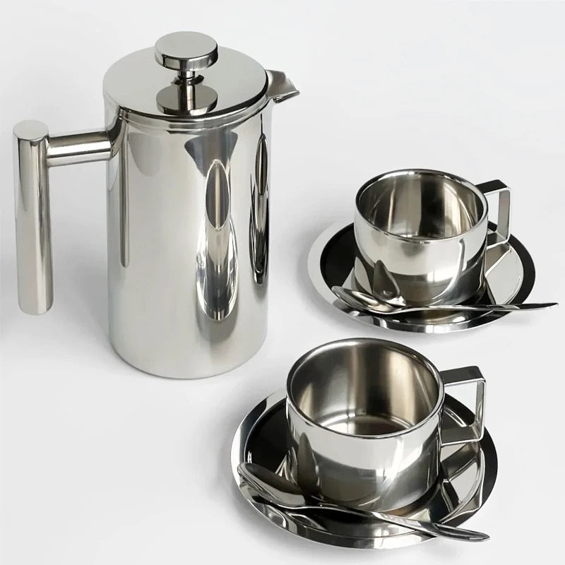 SANTIAGO : STAINLESS STEEL FRENCH PRESS COFFEE MAKER AND DUAL SERVING SET