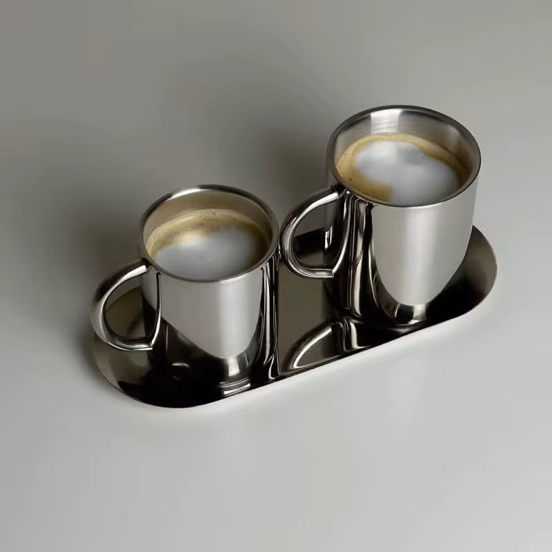 SIMON & SIMONA : STAINLESS STEEL COFFEE SET FOR TWO WITH SERVING TRAY